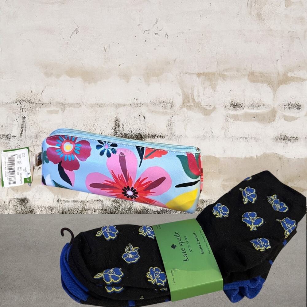 Kate Spade Floral Pouch and Socks Set - Black and Blue